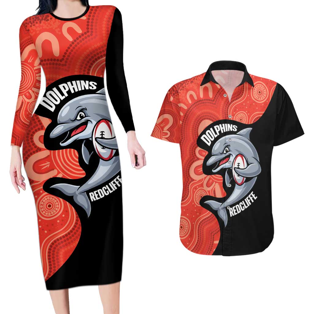 Redcliffe Rugby Custom Couples Matching Long Sleeve Bodycon Dress and Hawaiian Shirt Go Dolphins Aboriginal Art - Aussie Hoodie
