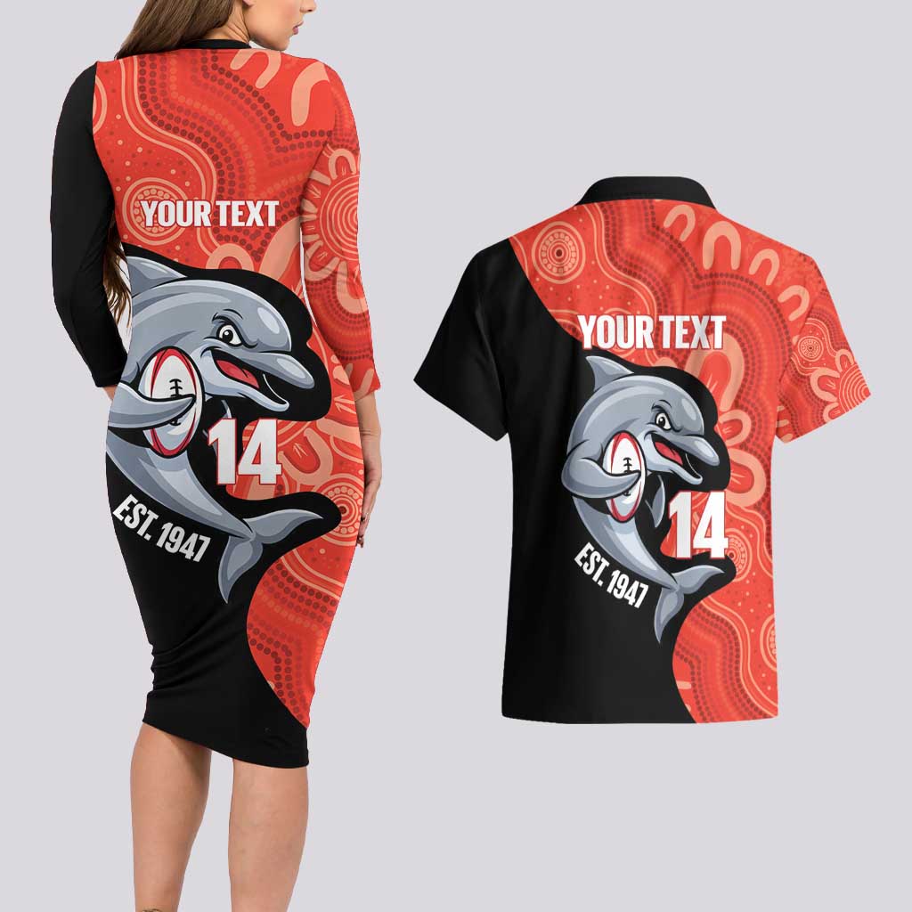 Redcliffe Rugby Custom Couples Matching Long Sleeve Bodycon Dress and Hawaiian Shirt Go Dolphins Aboriginal Art - Aussie Hoodie