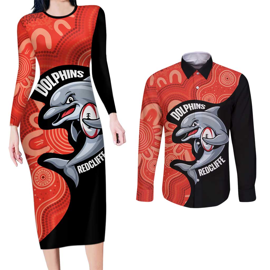Redcliffe Rugby Custom Couples Matching Long Sleeve Bodycon Dress and Long Sleeve Button Shirt Go Dolphins Aboriginal Art - Aussie Hoodie