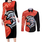 Redcliffe Rugby Custom Couples Matching Long Sleeve Bodycon Dress and Long Sleeve Button Shirt Go Dolphins Aboriginal Art - Aussie Hoodie