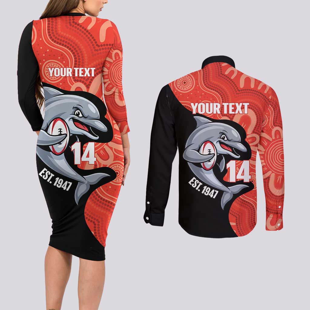 Redcliffe Rugby Custom Couples Matching Long Sleeve Bodycon Dress and Long Sleeve Button Shirt Go Dolphins Aboriginal Art - Aussie Hoodie