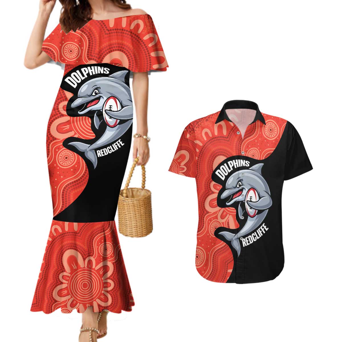 Redcliffe Rugby Custom Couples Matching Mermaid Dress and Hawaiian Shirt Go Dolphins Aboriginal Art - Aussie Hoodie