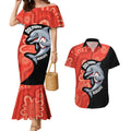 Redcliffe Rugby Custom Couples Matching Mermaid Dress and Hawaiian Shirt Go Dolphins Aboriginal Art - Aussie Hoodie