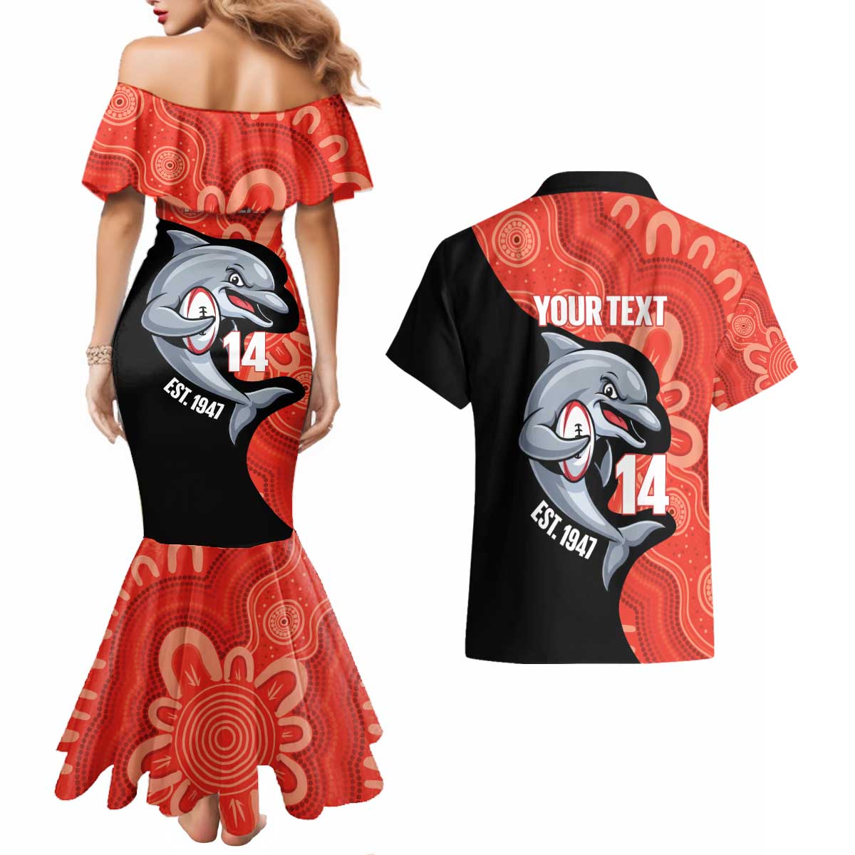 Redcliffe Rugby Custom Couples Matching Mermaid Dress and Hawaiian Shirt Go Dolphins Aboriginal Art - Aussie Hoodie