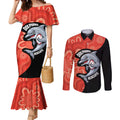 Redcliffe Rugby Custom Couples Matching Mermaid Dress and Long Sleeve Button Shirt Go Dolphins Aboriginal Art - Aussie Hoodie
