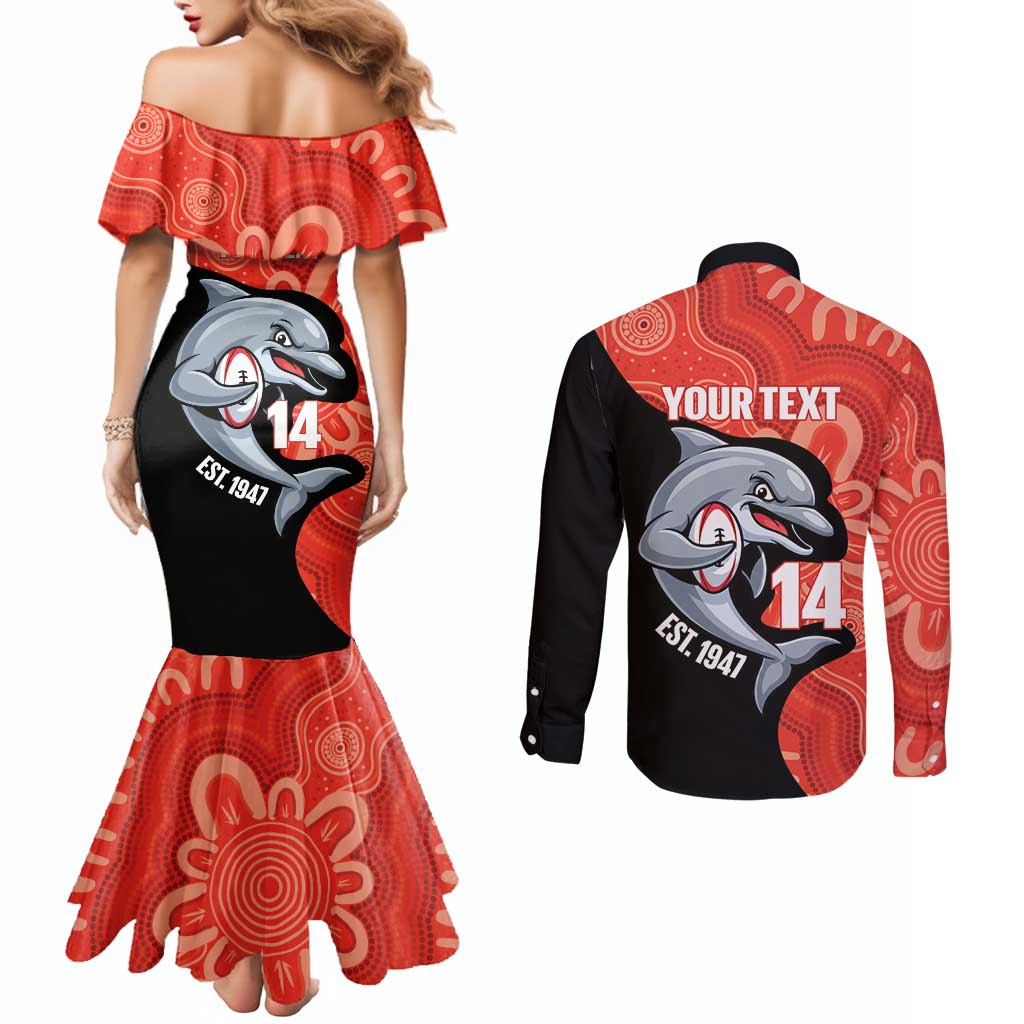 Redcliffe Rugby Custom Couples Matching Mermaid Dress and Long Sleeve Button Shirt Go Dolphins Aboriginal Art - Aussie Hoodie