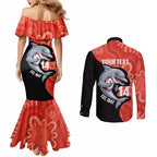 Redcliffe Rugby Custom Couples Matching Mermaid Dress and Long Sleeve Button Shirt Go Dolphins Aboriginal Art - Aussie Hoodie