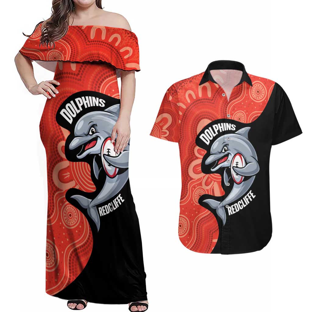 Redcliffe Rugby Custom Couples Matching Off Shoulder Maxi Dress and Hawaiian Shirt Go Dolphins Aboriginal Art - Aussie Hoodie