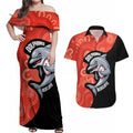 Redcliffe Rugby Custom Couples Matching Off Shoulder Maxi Dress and Hawaiian Shirt Go Dolphins Aboriginal Art - Aussie Hoodie