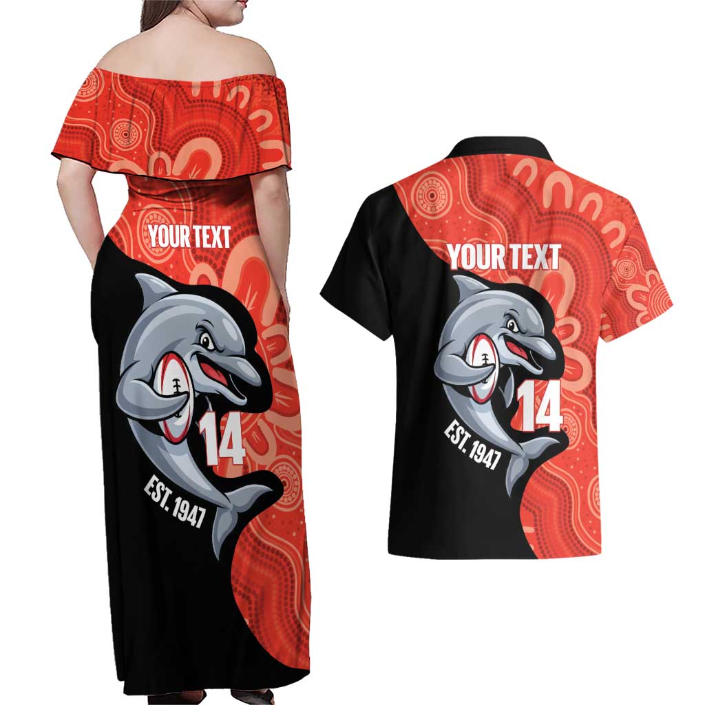 Redcliffe Rugby Custom Couples Matching Off Shoulder Maxi Dress and Hawaiian Shirt Go Dolphins Aboriginal Art - Aussie Hoodie