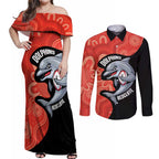 Redcliffe Rugby Custom Couples Matching Off Shoulder Maxi Dress and Long Sleeve Button Shirt Go Dolphins Aboriginal Art - Aussie Hoodie