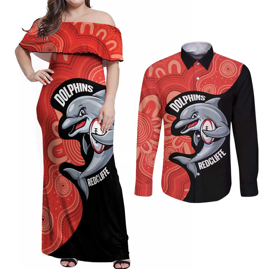 Redcliffe Rugby Custom Couples Matching Off Shoulder Maxi Dress and Long Sleeve Button Shirt Go Dolphins Aboriginal Art - Aussie Hoodie