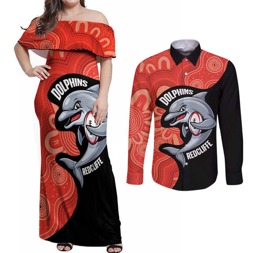 Redcliffe Rugby Custom Couples Matching Off Shoulder Maxi Dress and Long Sleeve Button Shirt Go Dolphins Aboriginal Art - Aussie Hoodie