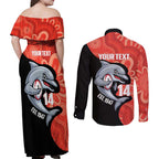 Redcliffe Rugby Custom Couples Matching Off Shoulder Maxi Dress and Long Sleeve Button Shirt Go Dolphins Aboriginal Art - Aussie Hoodie
