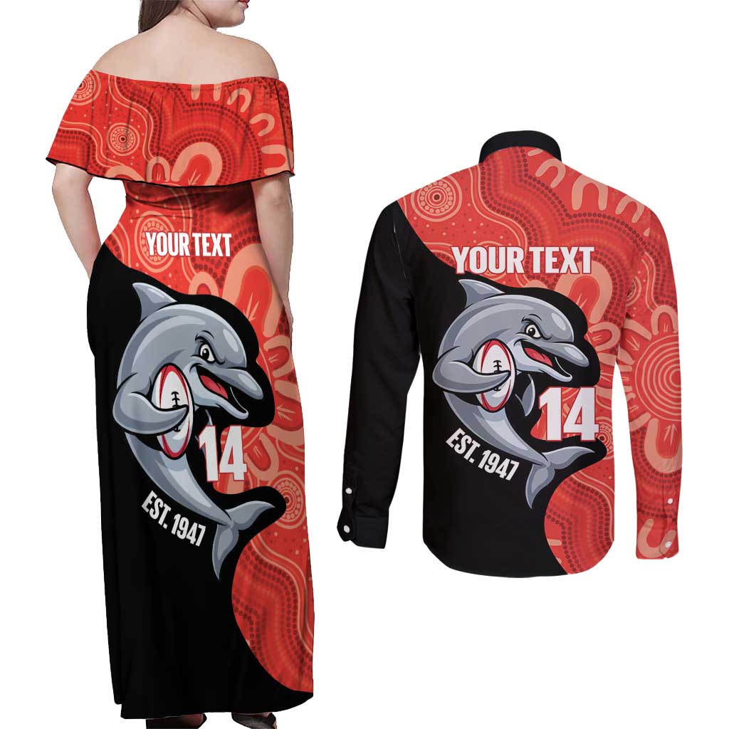 Redcliffe Rugby Custom Couples Matching Off Shoulder Maxi Dress and Long Sleeve Button Shirt Go Dolphins Aboriginal Art - Aussie Hoodie