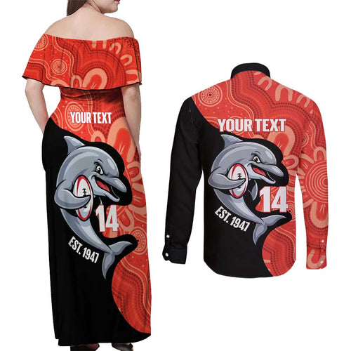 Redcliffe Rugby Custom Couples Matching Off Shoulder Maxi Dress and Long Sleeve Button Shirt Go Dolphins Aboriginal Art - Aussie Hoodie