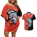 Redcliffe Rugby Custom Couples Matching Off Shoulder Short Dress and Hawaiian Shirt Go Dolphins Aboriginal Art - Aussie Hoodie