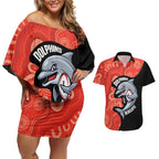 Redcliffe Rugby Custom Couples Matching Off Shoulder Short Dress and Hawaiian Shirt Go Dolphins Aboriginal Art - Aussie Hoodie