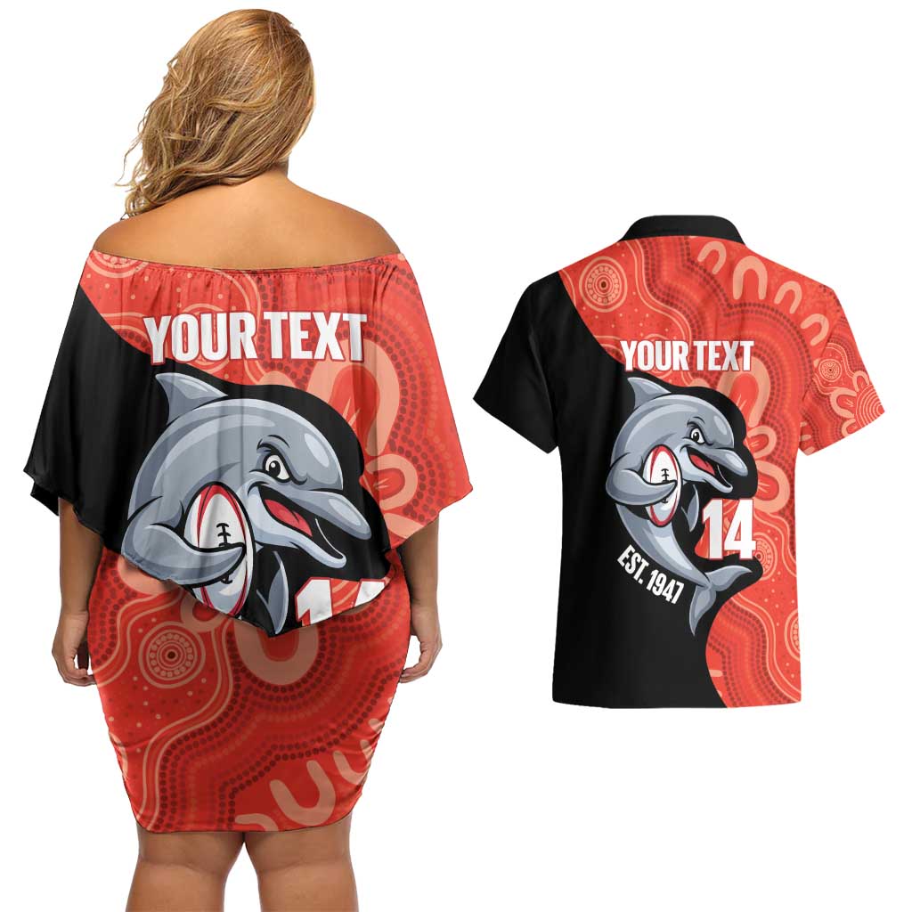 Redcliffe Rugby Custom Couples Matching Off Shoulder Short Dress and Hawaiian Shirt Go Dolphins Aboriginal Art - Aussie Hoodie