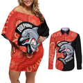 Redcliffe Rugby Custom Couples Matching Off Shoulder Short Dress and Long Sleeve Button Shirt Go Dolphins Aboriginal Art - Aussie Hoodie