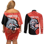 Redcliffe Rugby Custom Couples Matching Off Shoulder Short Dress and Long Sleeve Button Shirt Go Dolphins Aboriginal Art - Aussie Hoodie