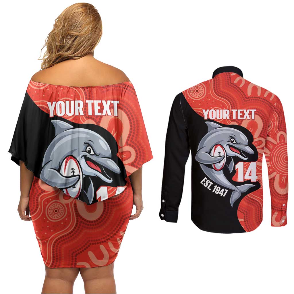 Redcliffe Rugby Custom Couples Matching Off Shoulder Short Dress and Long Sleeve Button Shirt Go Dolphins Aboriginal Art - Aussie Hoodie