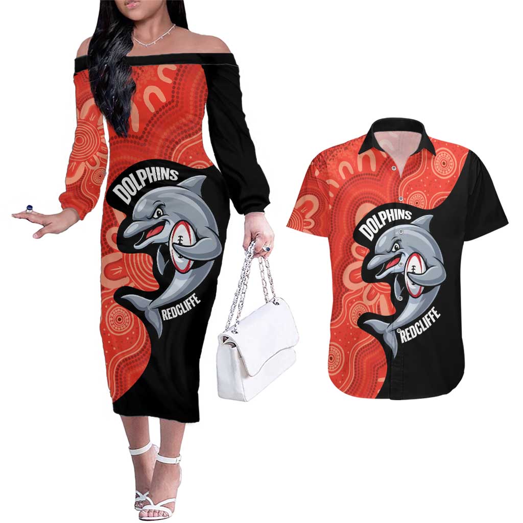 Redcliffe Rugby Custom Couples Matching Off The Shoulder Long Sleeve Dress and Hawaiian Shirt Go Dolphins Aboriginal Art - Aussie Hoodie