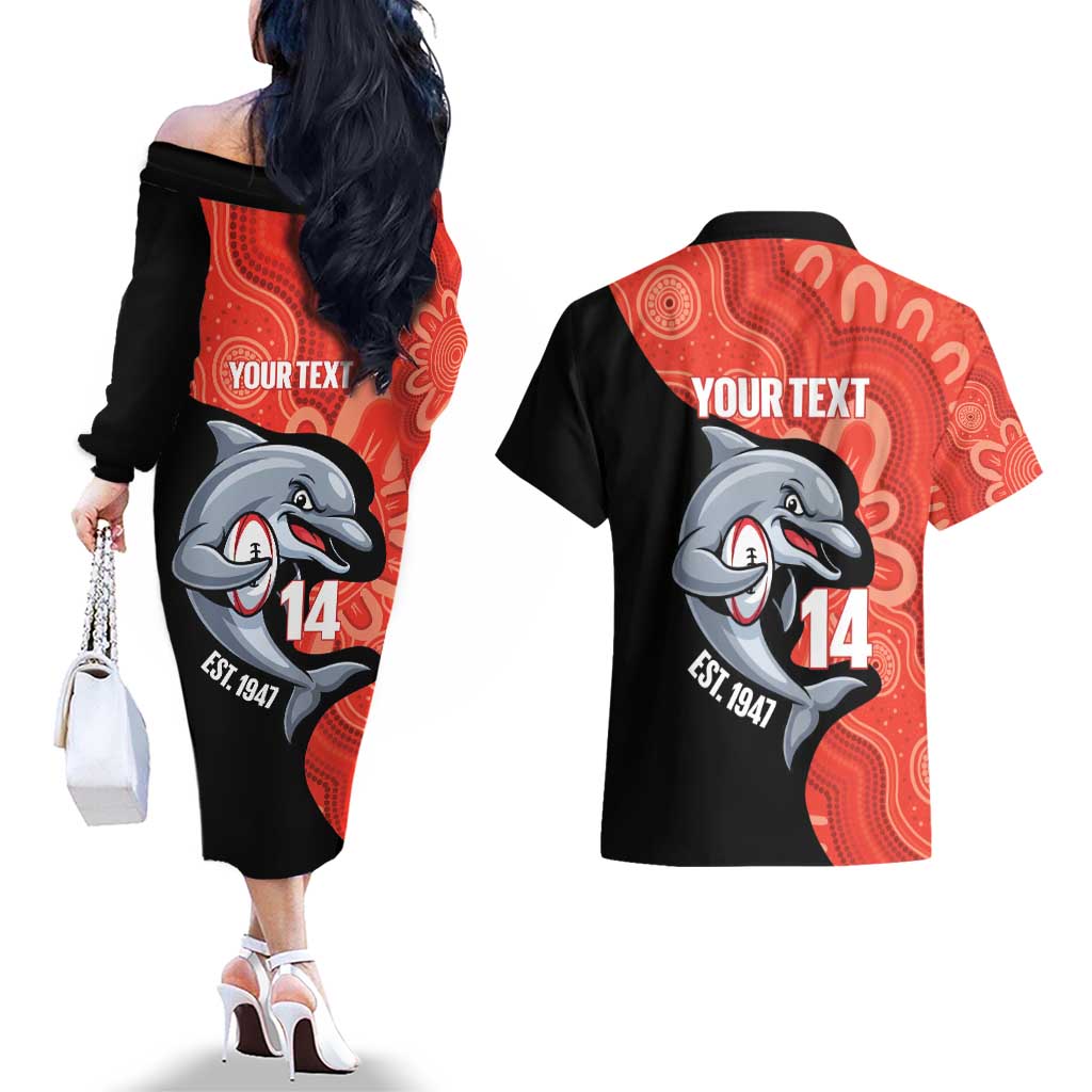 Redcliffe Rugby Custom Couples Matching Off The Shoulder Long Sleeve Dress and Hawaiian Shirt Go Dolphins Aboriginal Art - Aussie Hoodie