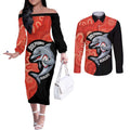 Redcliffe Rugby Custom Couples Matching Off The Shoulder Long Sleeve Dress and Long Sleeve Button Shirt Go Dolphins Aboriginal Art - Aussie Hoodie