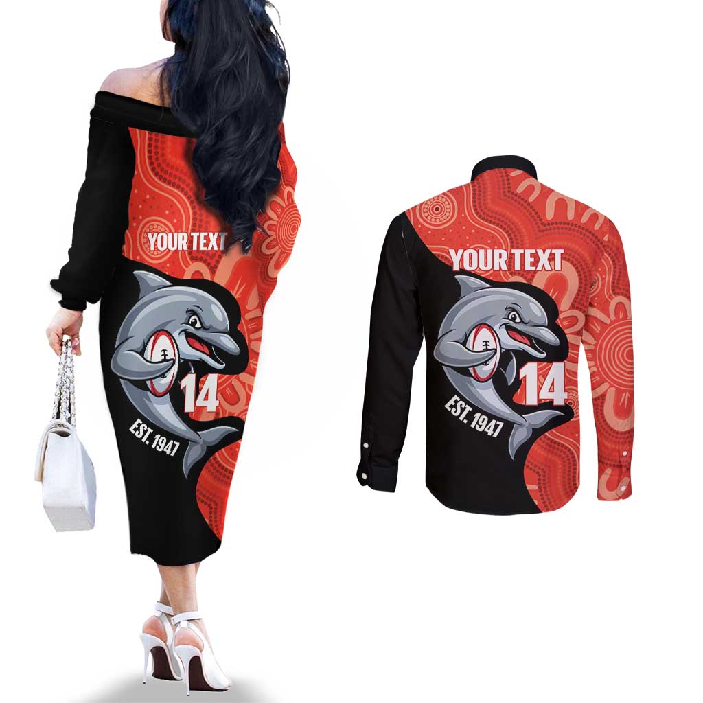 Redcliffe Rugby Custom Couples Matching Off The Shoulder Long Sleeve Dress and Long Sleeve Button Shirt Go Dolphins Aboriginal Art - Aussie Hoodie