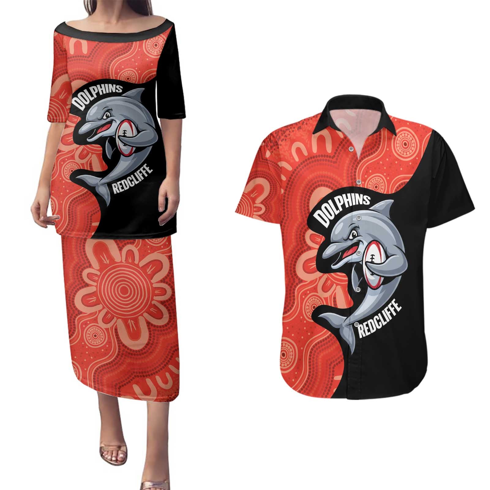 Redcliffe Rugby Custom Couples Matching Puletasi and Hawaiian Shirt Go Dolphins Aboriginal Art - Aussie Hoodie