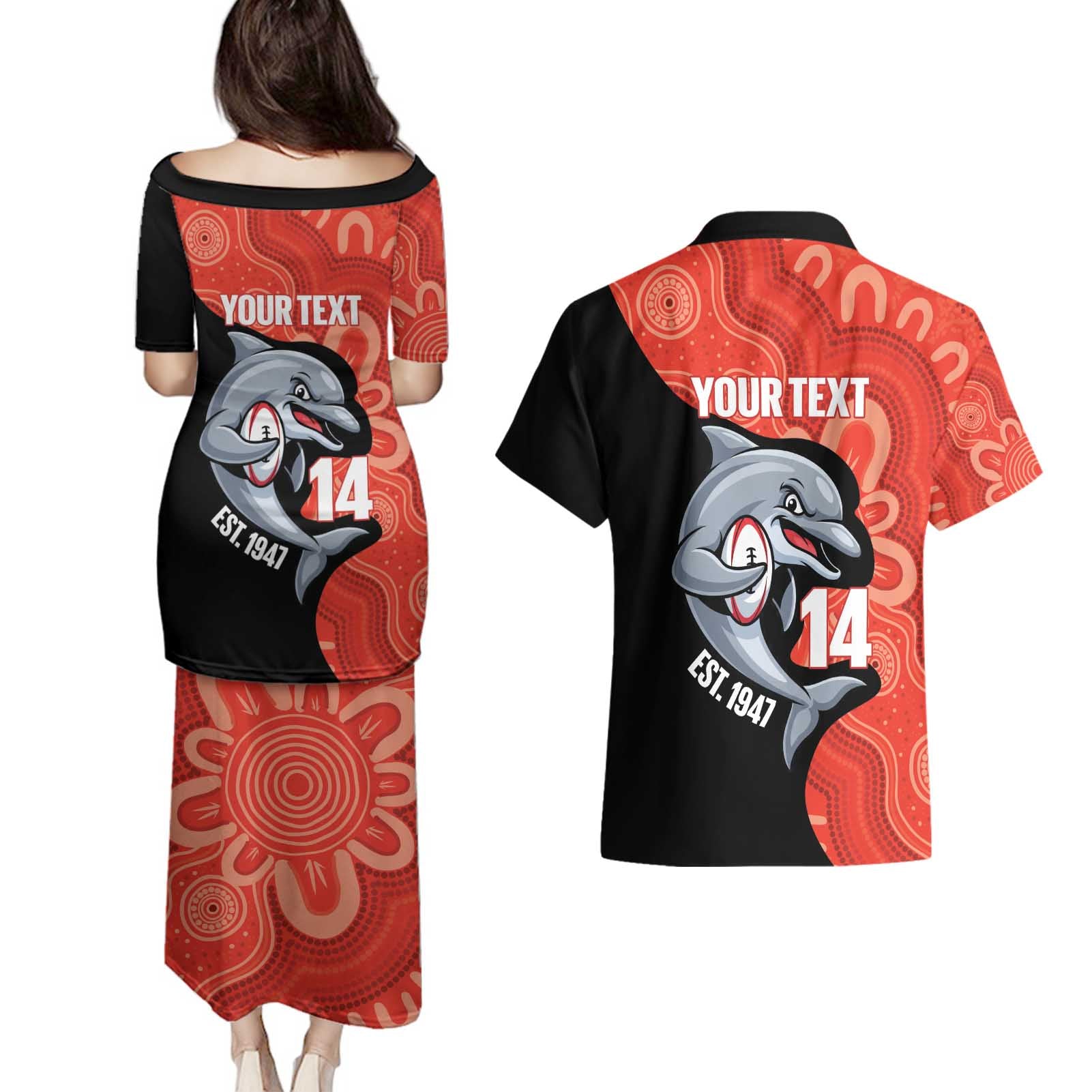 Redcliffe Rugby Custom Couples Matching Puletasi and Hawaiian Shirt Go Dolphins Aboriginal Art - Aussie Hoodie