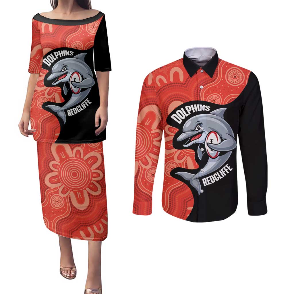 Redcliffe Rugby Custom Couples Matching Puletasi and Long Sleeve Button Shirt Go Dolphins Aboriginal Art - Aussie Hoodie