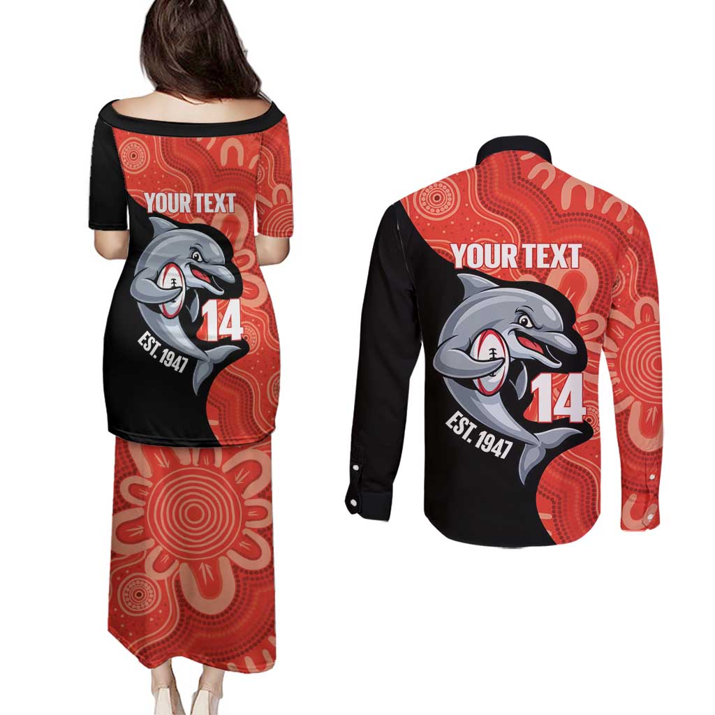 Redcliffe Rugby Custom Couples Matching Puletasi and Long Sleeve Button Shirt Go Dolphins Aboriginal Art - Aussie Hoodie
