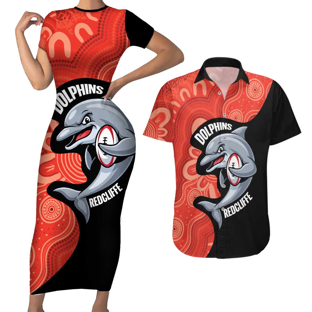 Redcliffe Rugby Custom Couples Matching Short Sleeve Bodycon Dress and Hawaiian Shirt Go Dolphins Aboriginal Art - Aussie Hoodie