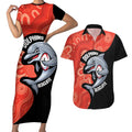 Redcliffe Rugby Custom Couples Matching Short Sleeve Bodycon Dress and Hawaiian Shirt Go Dolphins Aboriginal Art - Aussie Hoodie