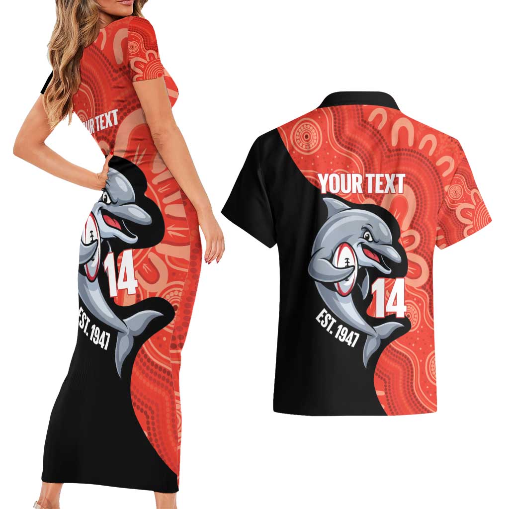 Redcliffe Rugby Custom Couples Matching Short Sleeve Bodycon Dress and Hawaiian Shirt Go Dolphins Aboriginal Art - Aussie Hoodie