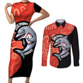 Redcliffe Rugby Custom Couples Matching Short Sleeve Bodycon Dress and Long Sleeve Button Shirt Go Dolphins Aboriginal Art - Aussie Hoodie