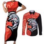 Redcliffe Rugby Custom Couples Matching Short Sleeve Bodycon Dress and Long Sleeve Button Shirt Go Dolphins Aboriginal Art - Aussie Hoodie