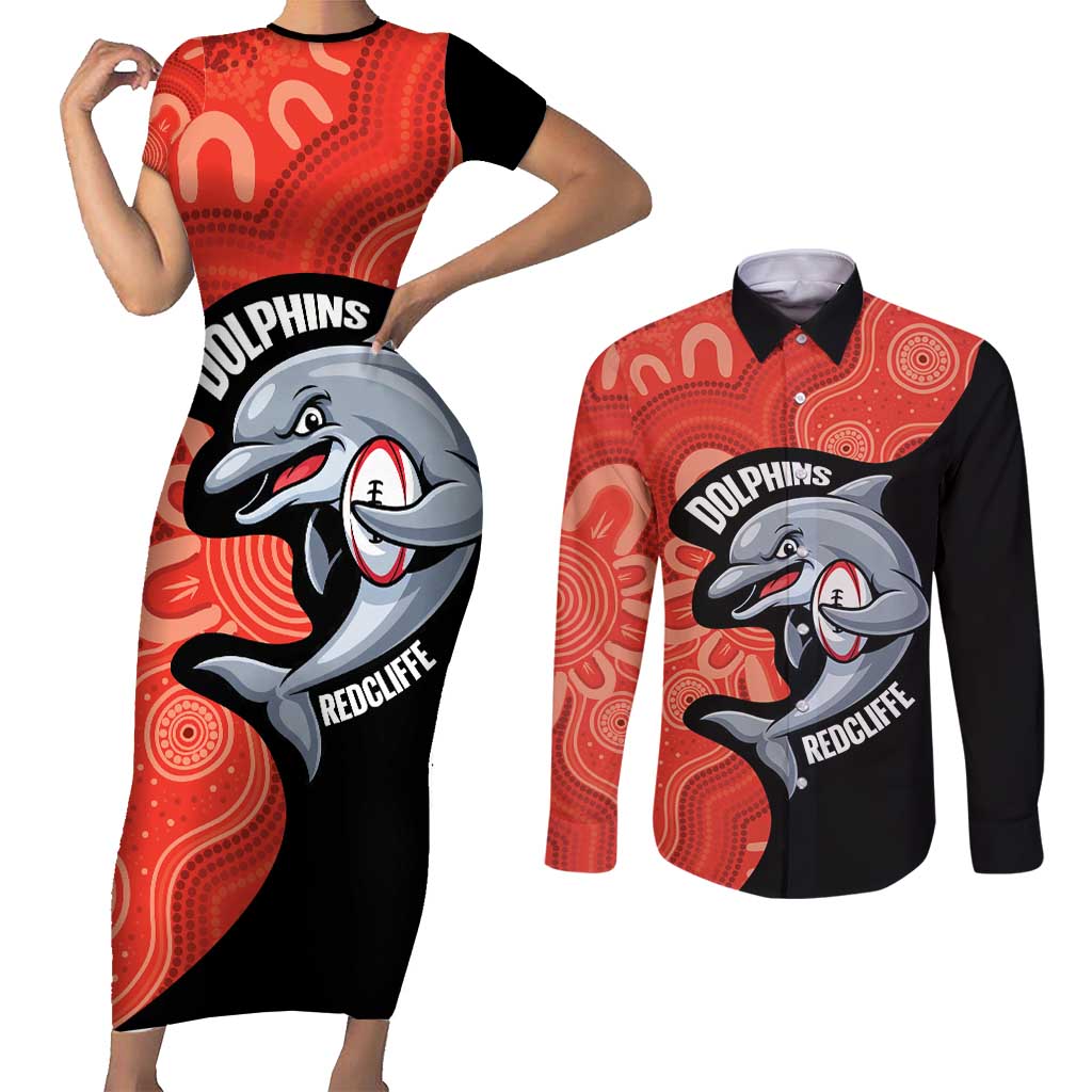 Redcliffe Rugby Custom Couples Matching Short Sleeve Bodycon Dress and Long Sleeve Button Shirt Go Dolphins Aboriginal Art - Aussie Hoodie