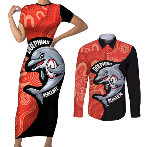 Redcliffe Rugby Custom Couples Matching Short Sleeve Bodycon Dress and Long Sleeve Button Shirt Go Dolphins Aboriginal Art - Aussie Hoodie