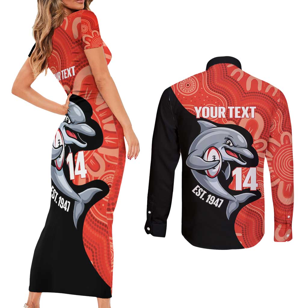 Redcliffe Rugby Custom Couples Matching Short Sleeve Bodycon Dress and Long Sleeve Button Shirt Go Dolphins Aboriginal Art - Aussie Hoodie