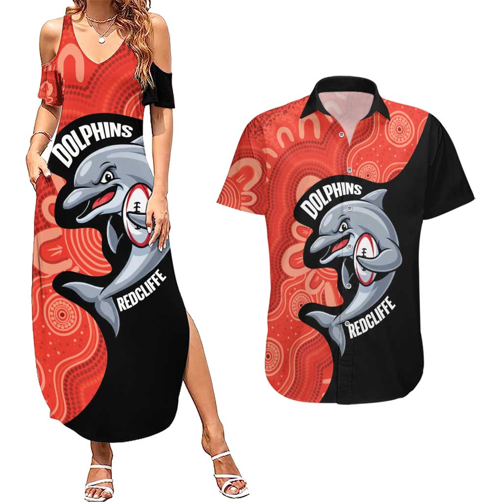 Redcliffe Rugby Custom Couples Matching Summer Maxi Dress and Hawaiian Shirt Go Dolphins Aboriginal Art - Aussie Hoodie