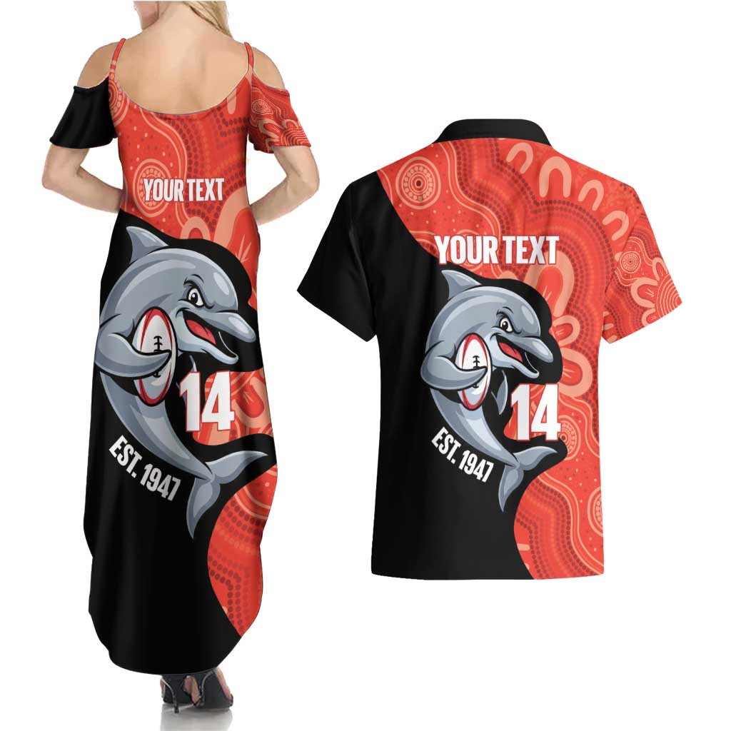 Redcliffe Rugby Custom Couples Matching Summer Maxi Dress and Hawaiian Shirt Go Dolphins Aboriginal Art - Aussie Hoodie