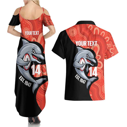 Redcliffe Rugby Custom Couples Matching Summer Maxi Dress and Hawaiian Shirt Go Dolphins Aboriginal Art - Aussie Hoodie