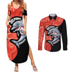 Redcliffe Rugby Custom Couples Matching Summer Maxi Dress and Long Sleeve Button Shirt Go Dolphins Aboriginal Art - Aussie Hoodie