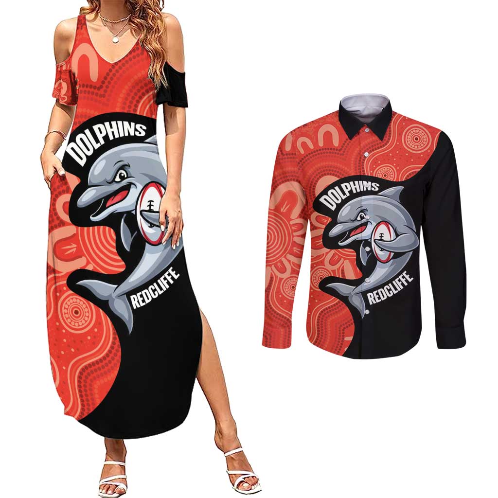 Redcliffe Rugby Custom Couples Matching Summer Maxi Dress and Long Sleeve Button Shirt Go Dolphins Aboriginal Art - Aussie Hoodie