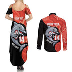 Redcliffe Rugby Custom Couples Matching Summer Maxi Dress and Long Sleeve Button Shirt Go Dolphins Aboriginal Art - Aussie Hoodie
