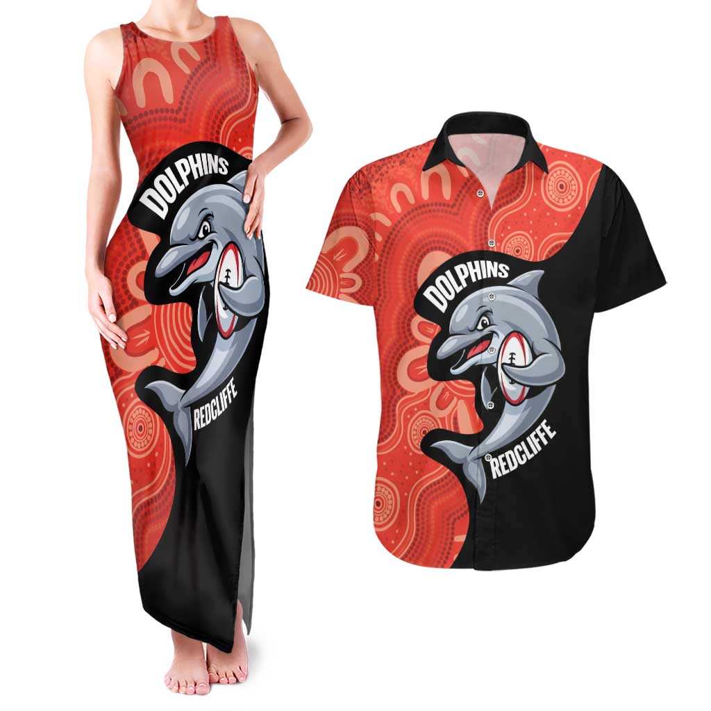 Redcliffe Rugby Custom Couples Matching Tank Maxi Dress and Hawaiian Shirt Go Dolphins Aboriginal Art - Aussie Hoodie