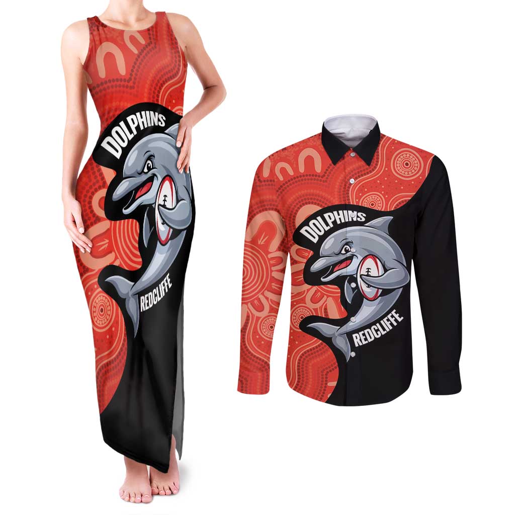 Redcliffe Rugby Custom Couples Matching Tank Maxi Dress and Long Sleeve Button Shirt Go Dolphins Aboriginal Art - Aussie Hoodie
